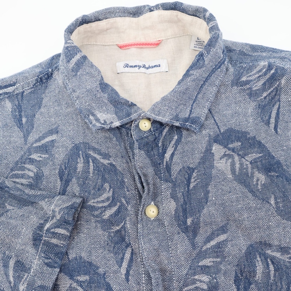 Tommy Bahama 100% Linen Blue Leaf Print Short Sleeve Button‎ Up Shirt Mens Large